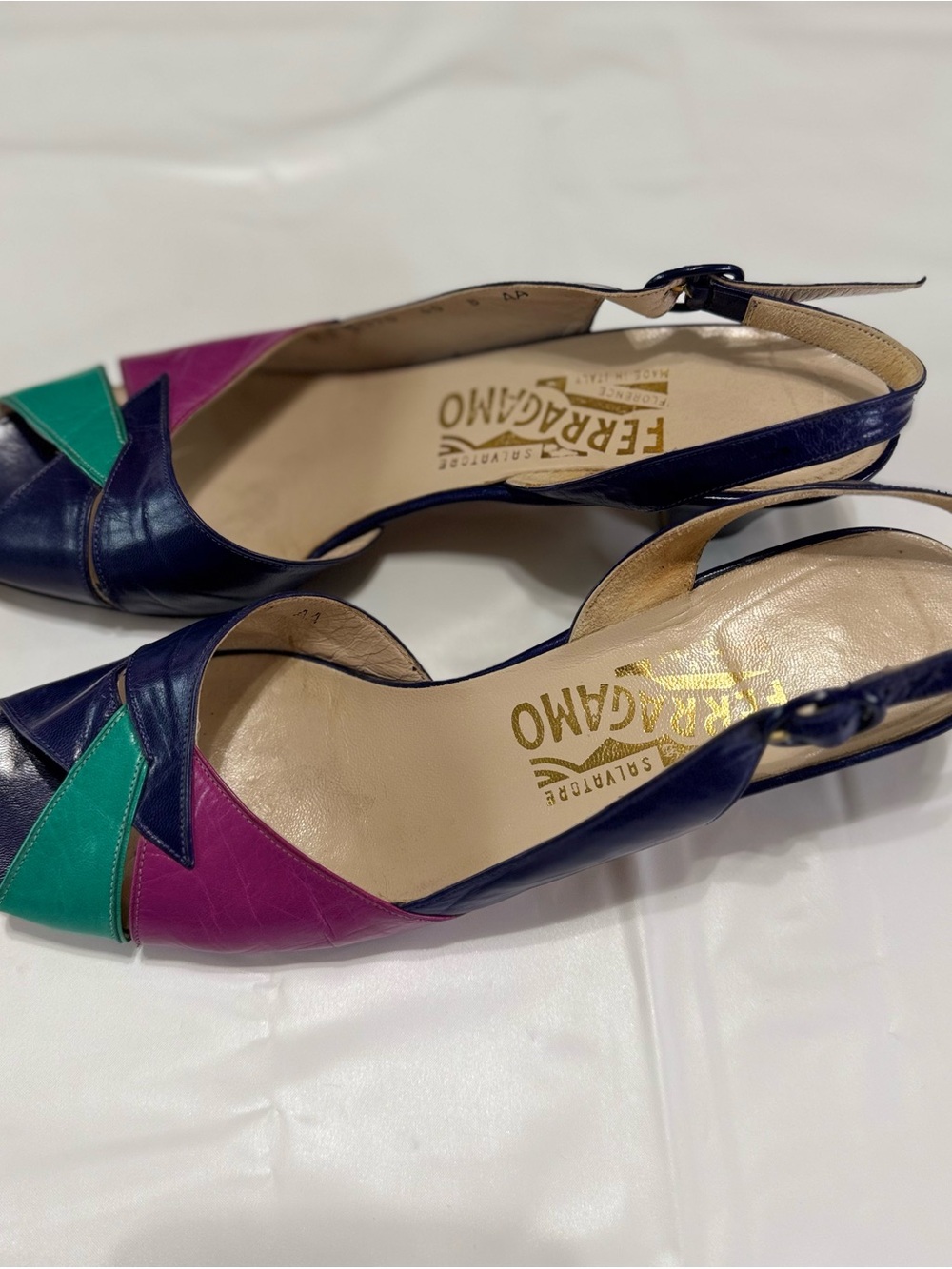 Salvatore Ferragamo Navy, Pink & Teal Leather Slingback Sandals - Picture 4 of 6